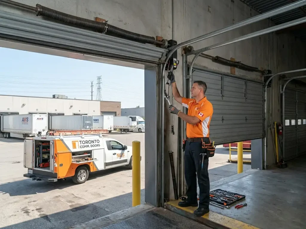SOS Garage Doors commercial technician repairing large overhead sectional door at a warehouse loading bay in Toronto GTA