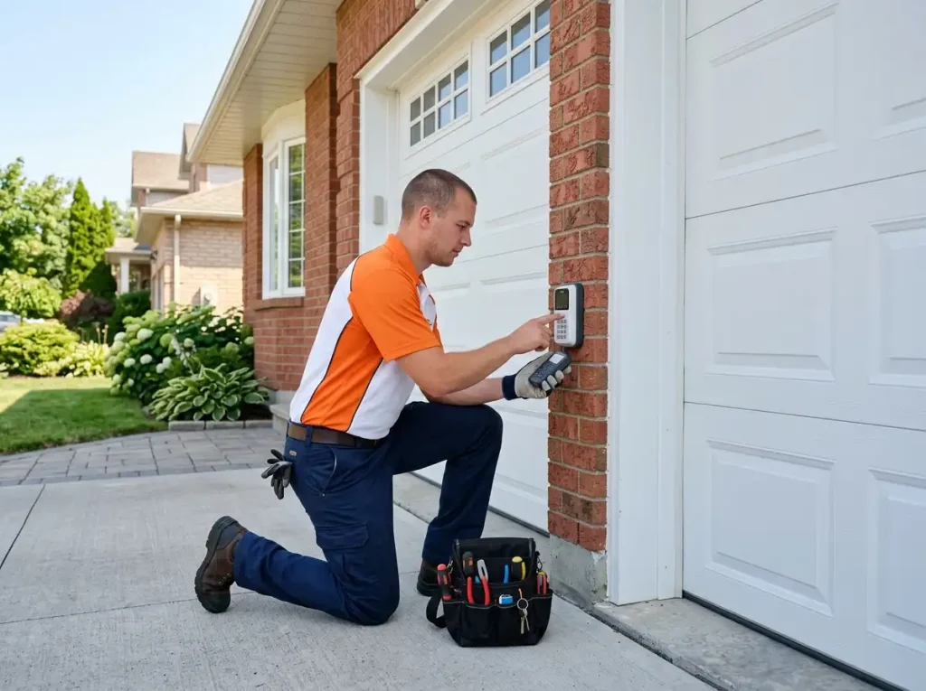 SOS Garage Doors technician programming and replacing a garage door keypad on a residential home in Toronto GTA