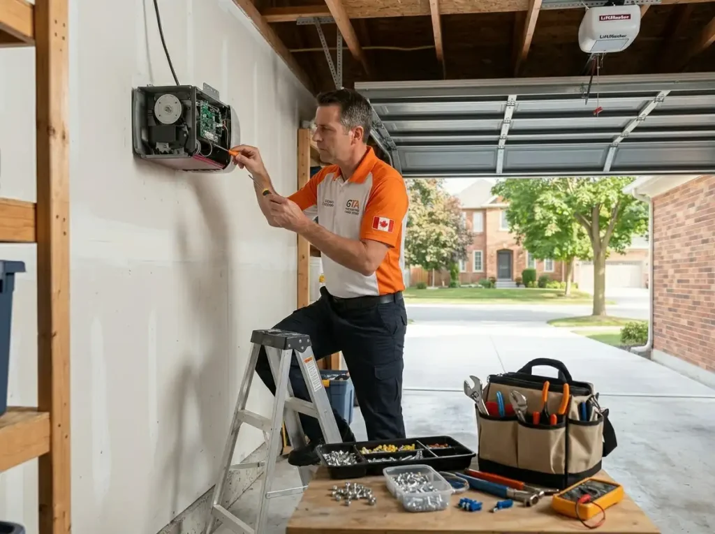SOS Garage Doors licensed technician repairing garage door opener motor unit inside residential garage in Toronto GTA