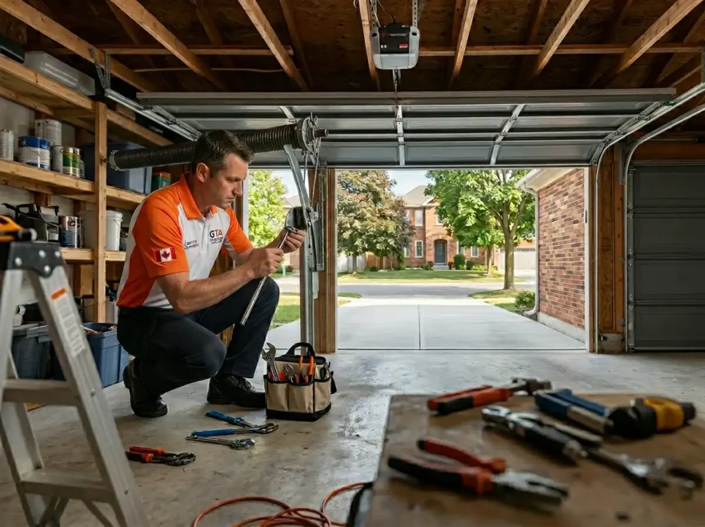 SOS Garage Doors licensed technician performing same-day garage door repair on residential home in Toronto GTA