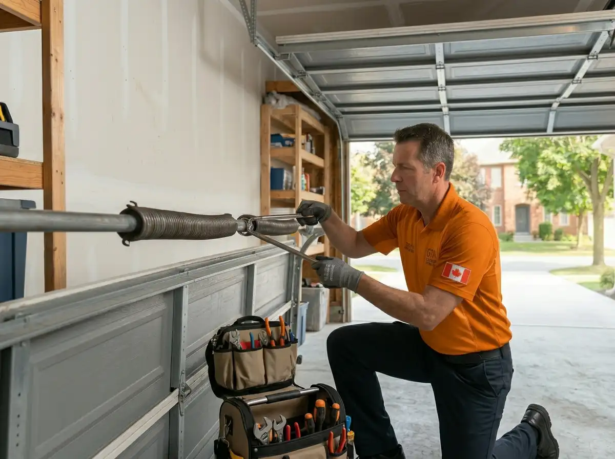 SOS Garage Doors licensed technician safely replacing broken torsion spring on residential garage door in Toronto GTA