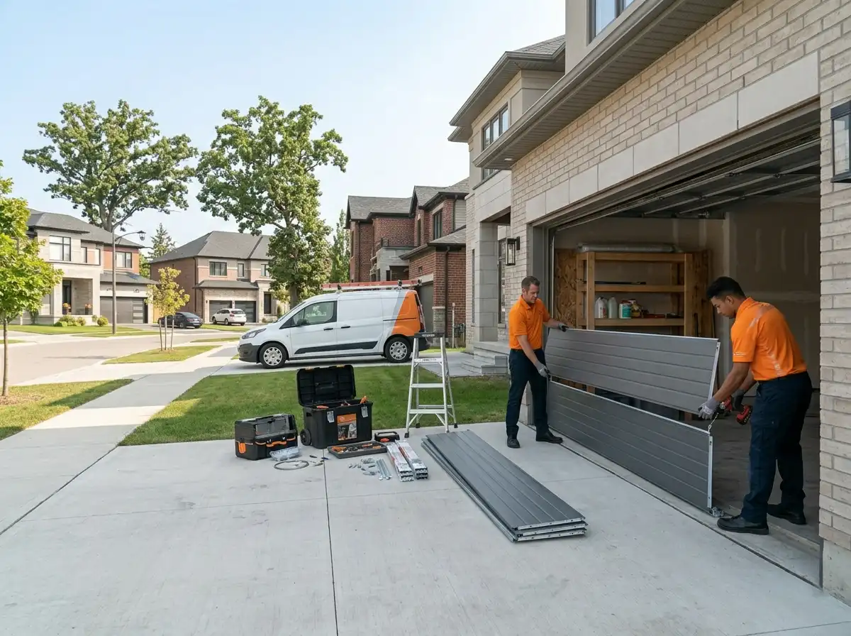 SOS Garage Doors professional team installing a new insulated steel garage door on a modern suburban home in Toronto GTA